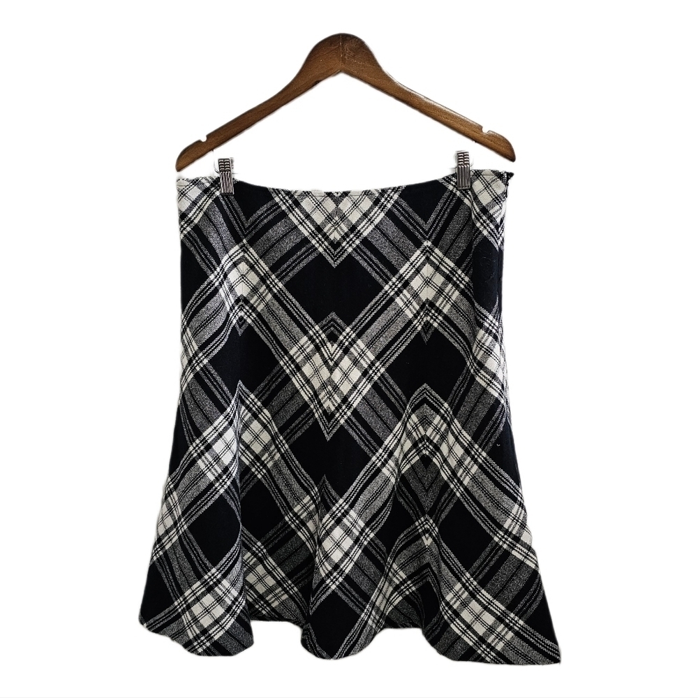 Ann Taylor wool blend plaid black and white midi lined a-line skirt size 14